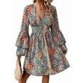 thumbnail image 3 of Robe Mini Fluide à Imprimé pour Femmes, Style Bohème, Col en V, Manches Courtes Évasées, Taille Élastique avec Cordon de Serrage, Motif Coloré, m, 3 of 9