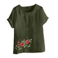 thumbnail image 4 of Cavosen T Shirts for Women Short Sleeve Crew Neck Artificial Cotton Linen Floral Print Button Summer Blouse Comfy Casual Dressy Pullover Tees Lightweight Vacation Tops Green L, 4 of 4