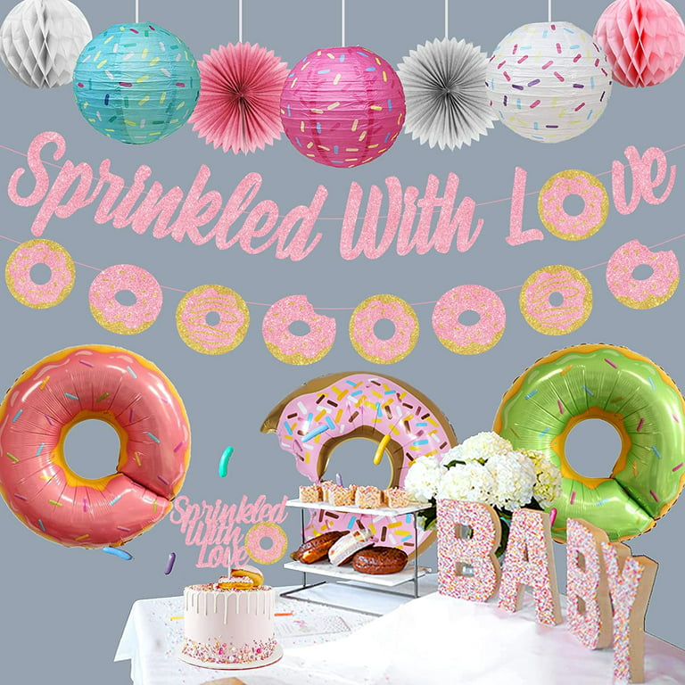 Sweet Baby Co. Donut Sprinkle Baby Shower Decorations Boy or Girl Party  Supplies with Sprinkled With Love Gold Banner, Donuts and Candy Stripe