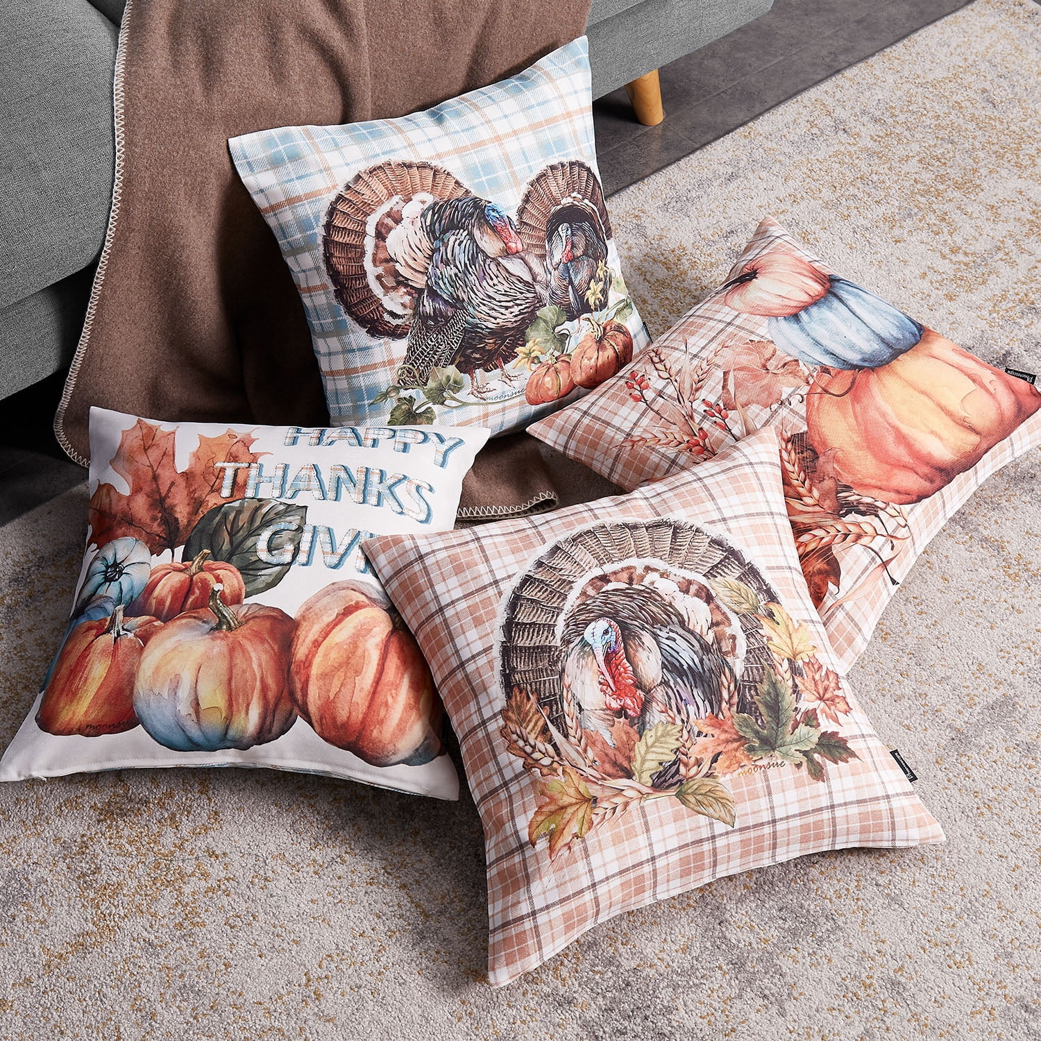 Autumn Series Printed Decorative Throw Pillow Covers for Thanksgiving, Blue Pumpkin, 18" x 18", Set of 4