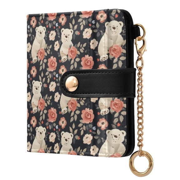 Bears and Beautiful Roses Small Wallet for Women RFID Blocking Bifold PU Leather Credit Card Holder with Zipper Coin Pocket Compact Cute Travel Purse Magnetic Snap 7 Card Slots