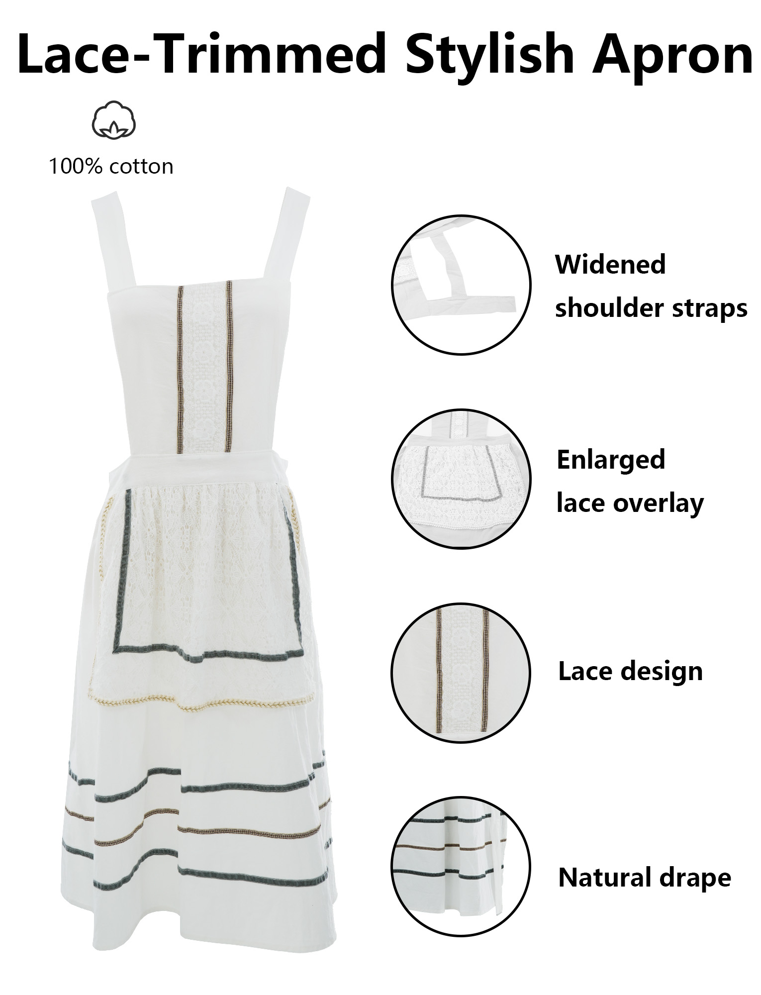 FEOYA Kitchen Apron for Women Cotton Apron Pinafore Cooking Aprons Cute Lace aprons Dress Loose Smock for Painting Gardening Chef Baking Art White