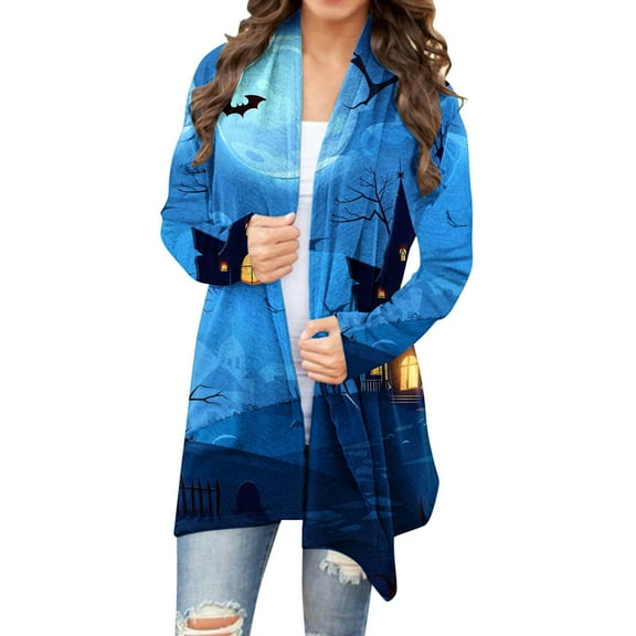 WXLWZYWL Halloween Cardigan for Women Plus Size Long Open Front Cardigans Halloween Pumpkin Pattern Cardigan Bat Cardigan