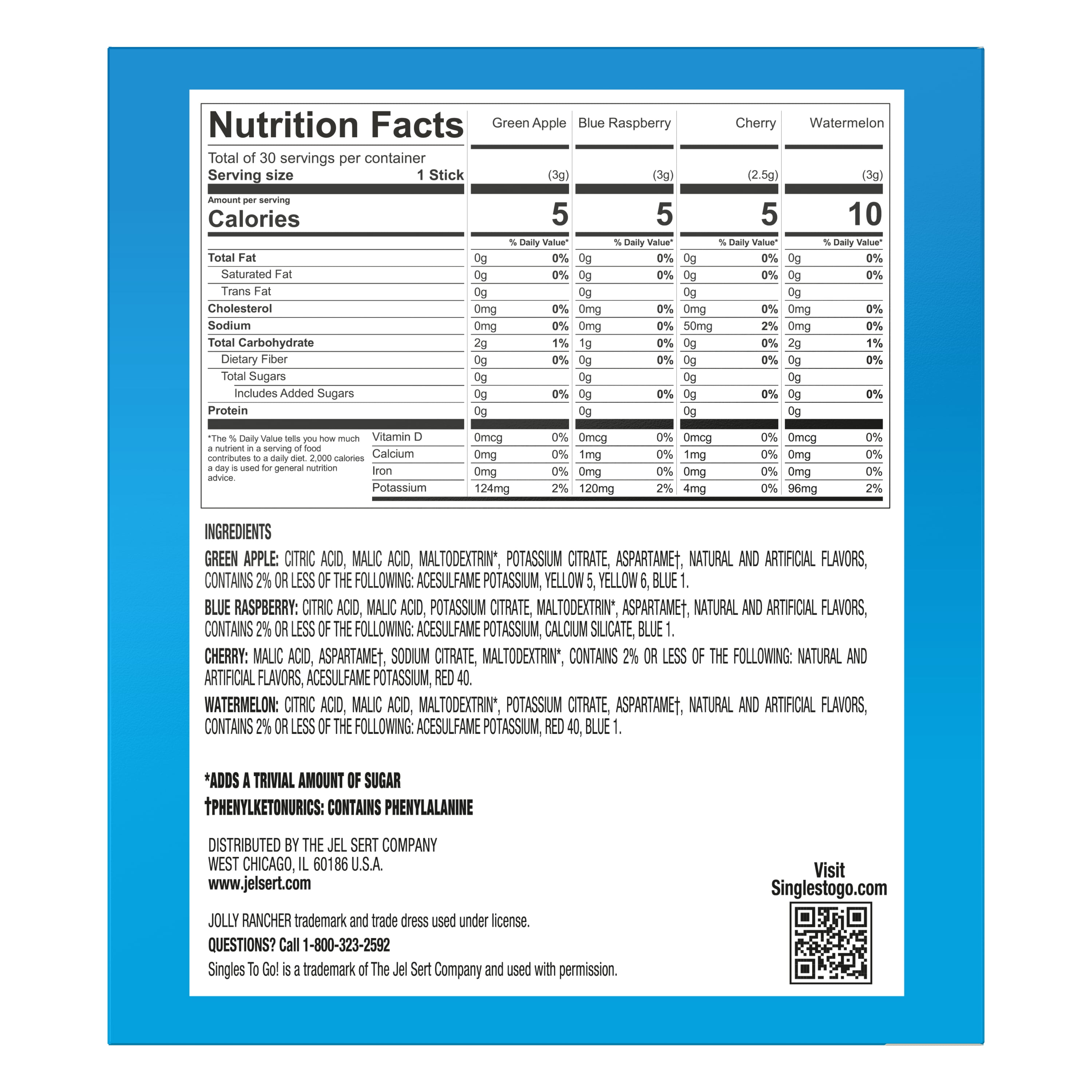 (6 pack) Jolly Rancher Sugar-Free Variety pack Singles to Go Powdered Drink Mix, 30 Count Packets