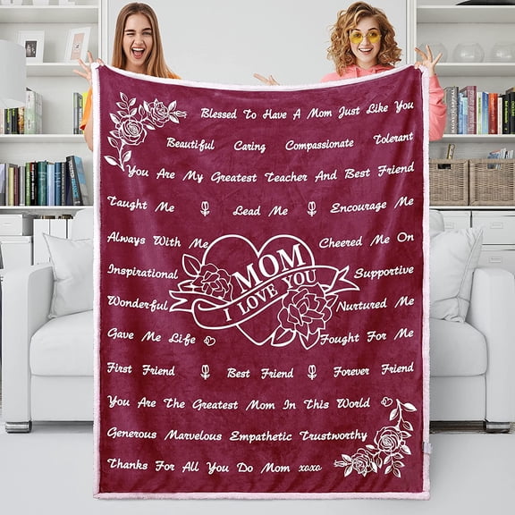 Birthday Gifts for Mom Unique Mom Gifts from Son Daughters for Mothers Day Valentines Day Christmas - I Love You Mom Sherpa Hugs Blanket 50"x60" (Wine)