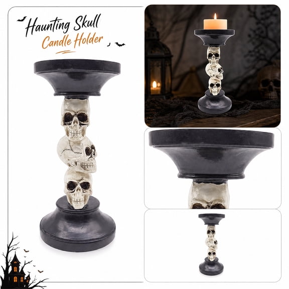 Gothic Stacked Skull Pillar Candle Holder, 3-Tier Hand-Painted Resin Skeleton Candlestick Stand for Halloween Spooky Home Table Decor, Black