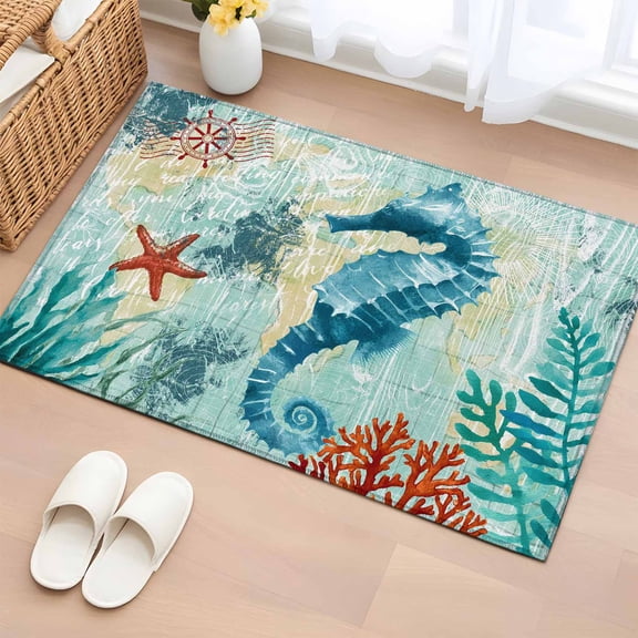 2x3 Ft Entryway Area Rug, Sea Seahorse Coastal Kitchen Rug Runner Washable Floor Mat, Turquoise Nautical Summer Coral Vintage Non Slip Indoor Door Mat Throw Carpet for Bathroom Living Room Bedroom