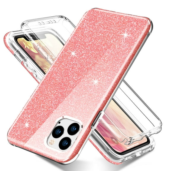 Pink Glitter Case for iPhone 11 Pro with Built-in Screen Protector Slim Full-Body Stylish Protective Cover 5.8'' Anti-Scratch Anti-Finger for Women & Girls 2019 Release