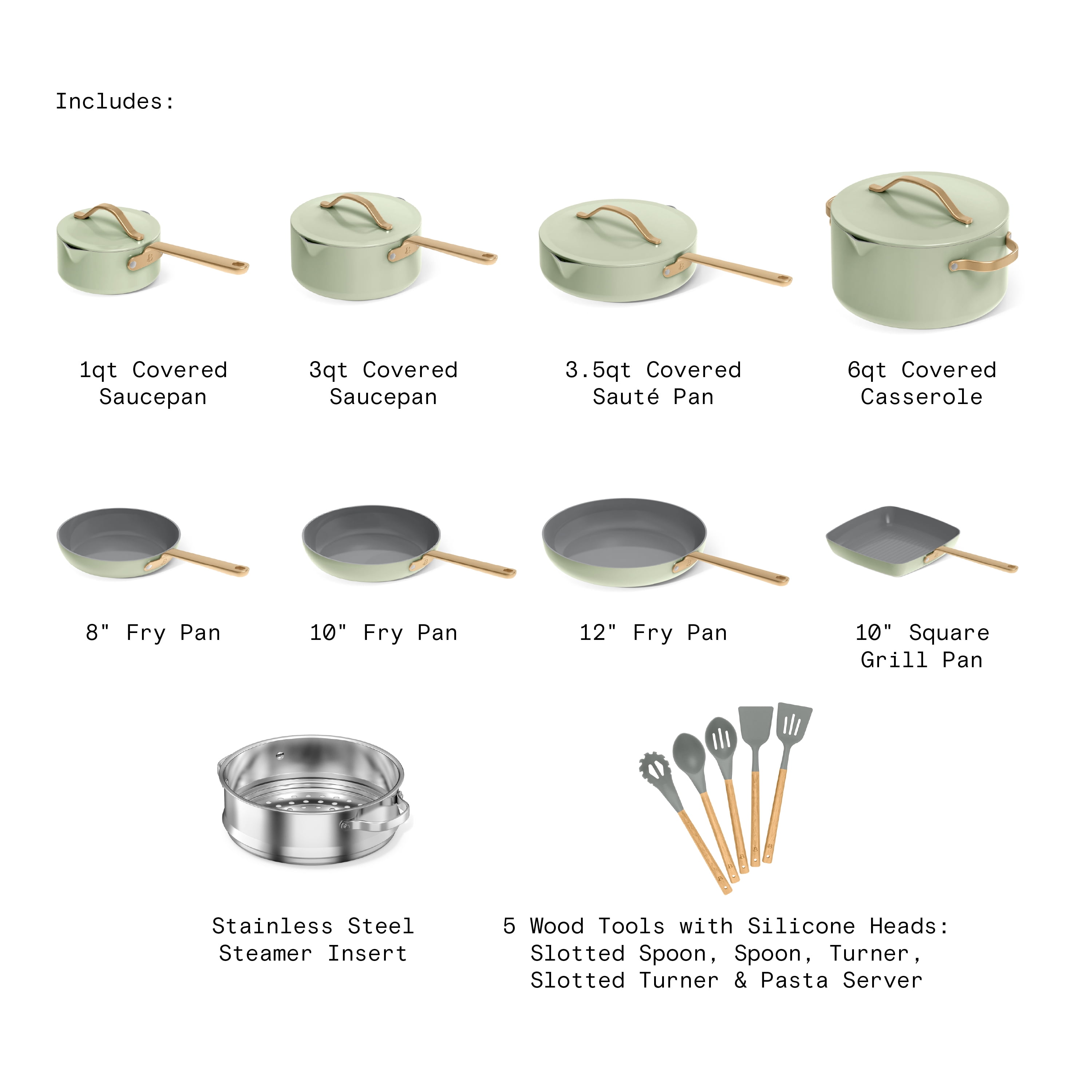 Beautiful 18-Piece Ceramic Nonstick Cookware Set, Pots & Pans with Strainer Lids & Kitchen Utensils, Sage Green by Drew Barrymore