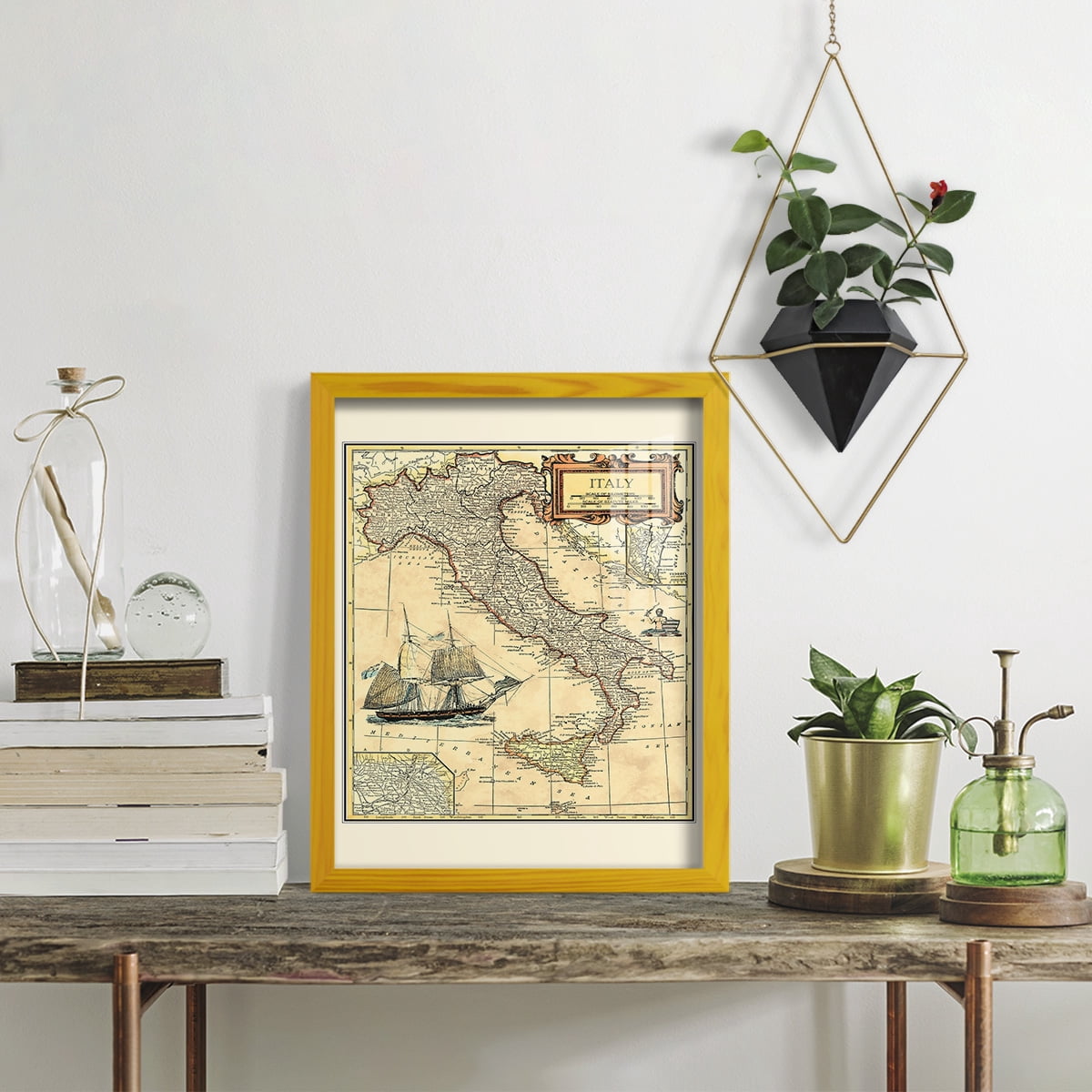 Italy Map -Framed Print w/glass-Sunflower Yellow