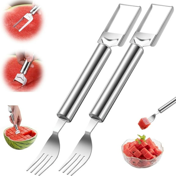 Djiypn 2-in-1 Stainless Steel Fruit Cutter, 2Pack 2025 New Watermelon Fork Slicer Cutter Tool, Dual Head Fruit Forks Slicer Knife,Summer Watermelon Fruit Cutting Home Kitchen Gadgets