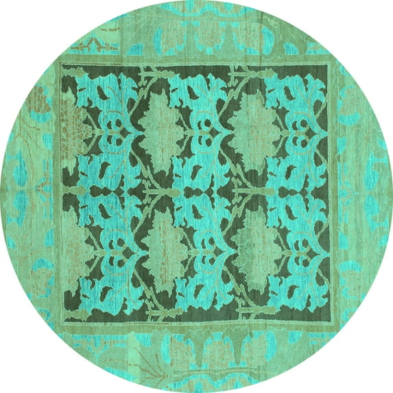 Ahgly Company Machine Washable Indoor Round Oriental Turquoise Blue Traditional Area Rugs, 4' Round