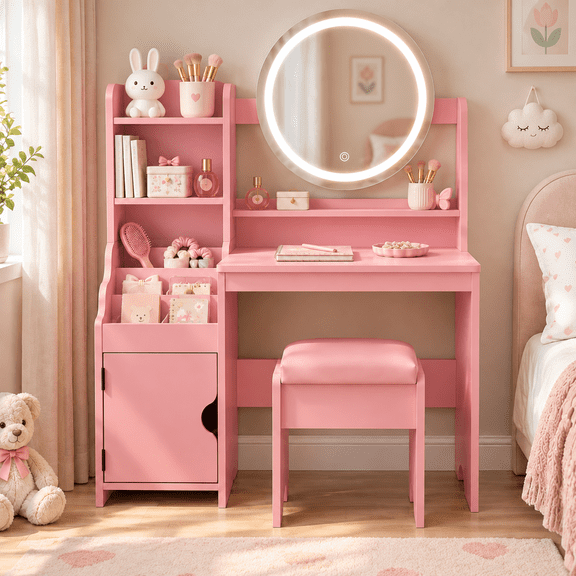 Conate Kids Vanity Table and Chair Set with 2-Tier Open Shelves and Storage Cabinet, Girls Vanity Desk for Ages 3-8