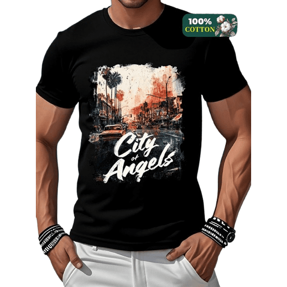 Whichone Urban Streetwear City of Angels Men's Full Cotton Graphic Tees XXL