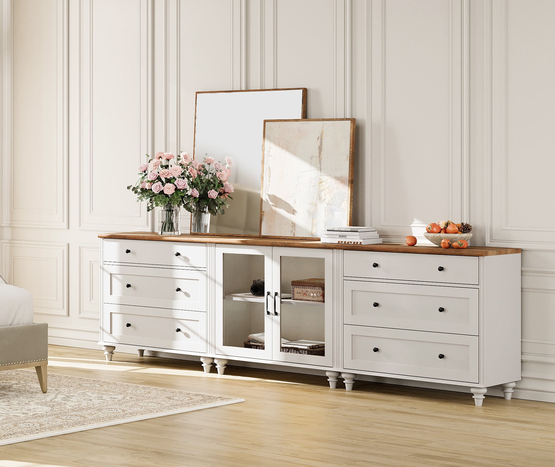 Farmhouse TV Stand, 3-in-1 TV Console Table for 75/80/85/90-Inch TVs, Entertainment Center with Drawer & Glass Door, White