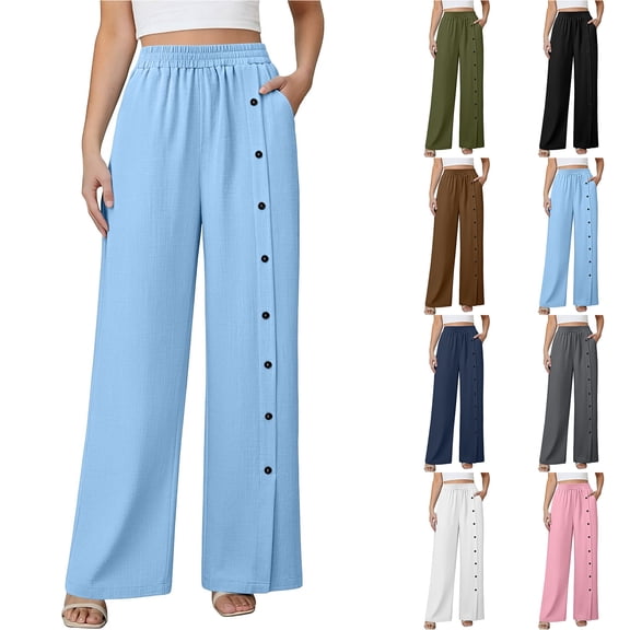 Bloomae Womens Wide Leg Linen Pants Summer Casual Button Decor Baggy Elastic High Waisted Palazzo Beach Vacation Slacks Trousers with Pockets White XL