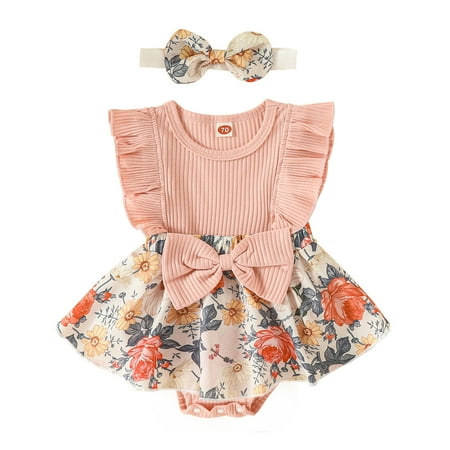 

Toddler Girls Sleeveless Ribbed Sunflower Floral Printed Romper Bodysuit Dress Headbands Outfits Child Clothing Streetwear Kids Dailywear Outwear