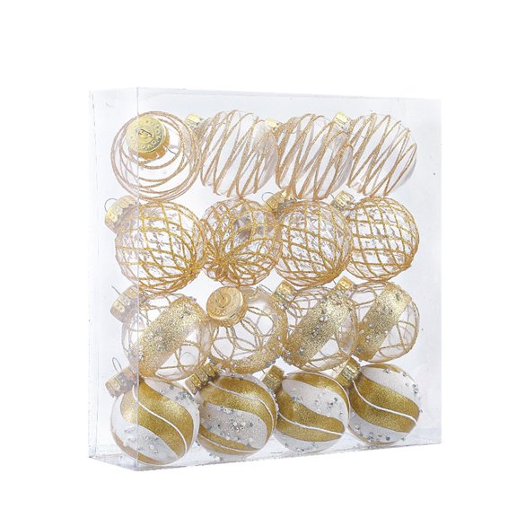 Beautynvta Christmas Tree Hanging Ornaments Set of 16, Clear Plastic Painting Style Ball Pendant Decoration for Xmas Tree, Hanging Decoration for Xmas Party and Home Decor, 2.4", Gold