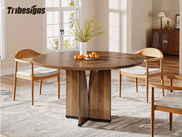 MAYEERTY 39 Inch Round Farmhouse Dining Table, Brown Wood Kitchen Dinner Table for 4 People for Small Spaces