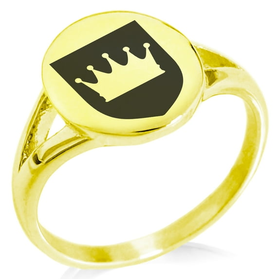 Stainless Steel Crown Royal Coat of Arms Shield Minimalist Oval Top Polished Statement Signet Ring