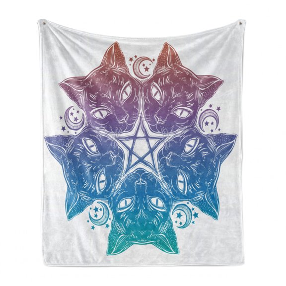 Pentacle Soft Flannel Fleece Throw Blanket, Heads of Black Cats Forming a Mandala Design with Crescent Moon Pentagram Star, Cozy Plush for Indoor and Outdoor Use, 60" x 80", Multicolor, by Ambesonne