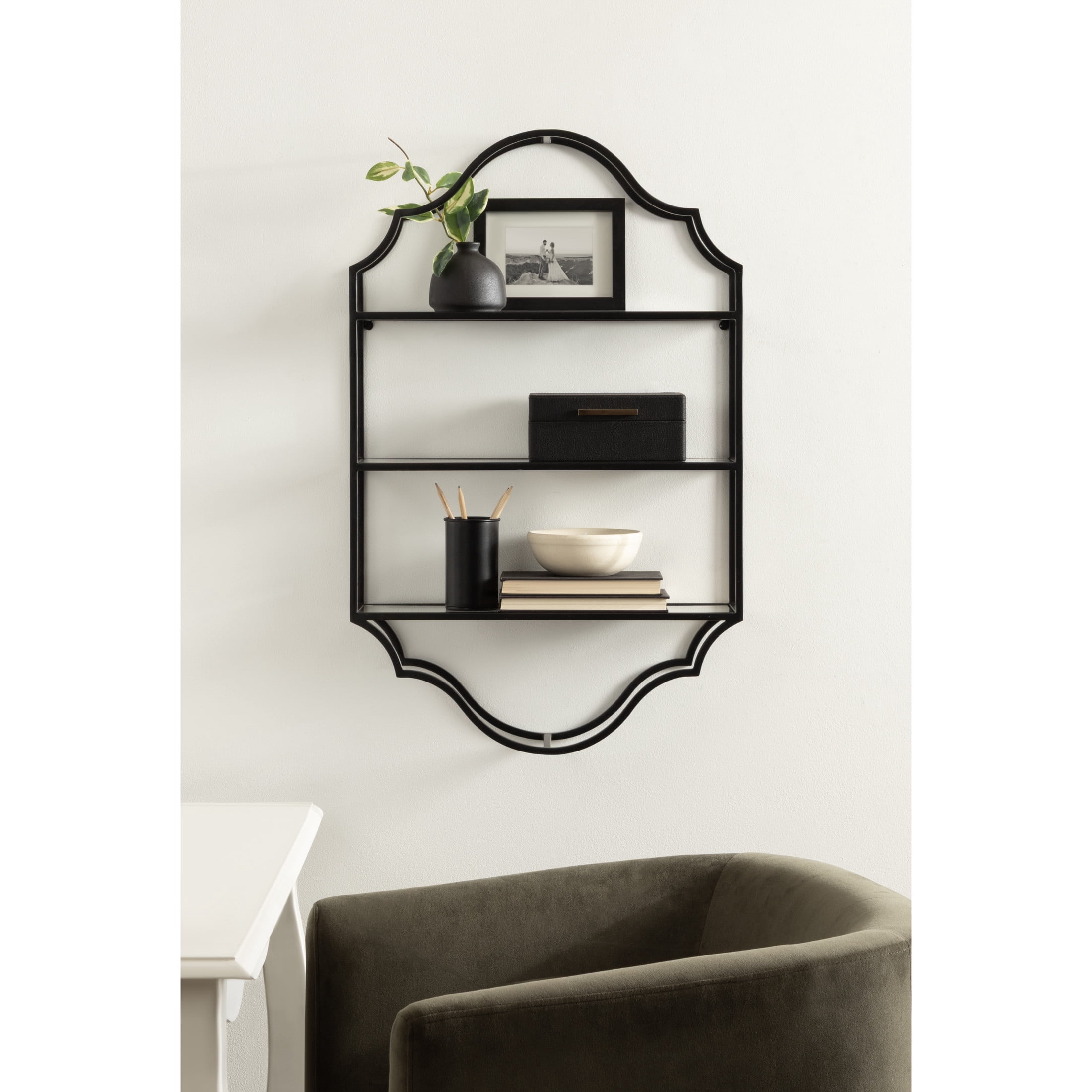 Kate and Laurel Leanna Glam Scalloped Three-Tiered Wall Shelf, 20 x 6 x 32, Black, Decorative Floating Shelf Storage and Wall Organizer for Bathroom Over Toilet Storage or Display