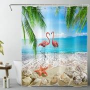 Summer Ocean Beach Shower Curtain for Bathroom Funny Pink Flamingo and Starfish with Seashell Coastal Bathroom Shower Curtains with Hooks, Tropical Palm Leaf Bathroom Curtains Shower Set 60x72 inch