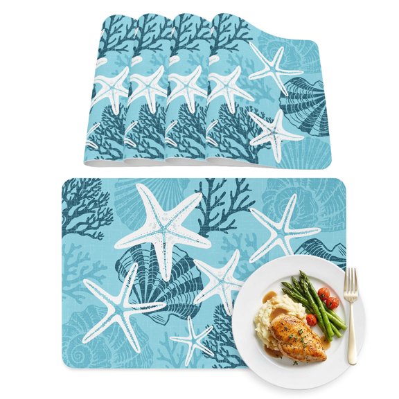 Placemats Set of 4, Summer Ocean Starfish Shell Faux Leather Placemat Waterproof Wipeable Table Mats 12x18in, Coastal Coral on Blue Washable Place Mats for Kitchen Dining Table Party Outdoor