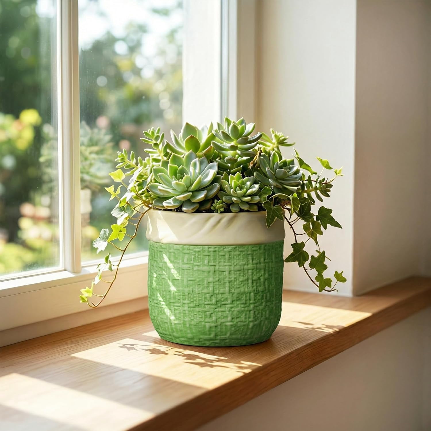 Ceramic Plant Pots - 6 Inch Plant Pot with Drainage Hole,  Planters for Indoor Succulent Plants, Decorative Round Unique Flower Pots, Garden Home Office Decor, Housewarming Gifts, Green