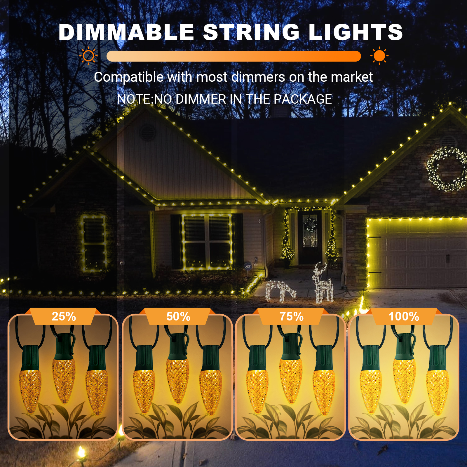 LAMPHOME Yellow C9 Christmas String Light Outdoor, 25FT Shatterproof LED for House Rooflines & Pathways, Connectable Waterproof Vintage Christmas Light for Tree, Yard, Patio, Porch, Garden
