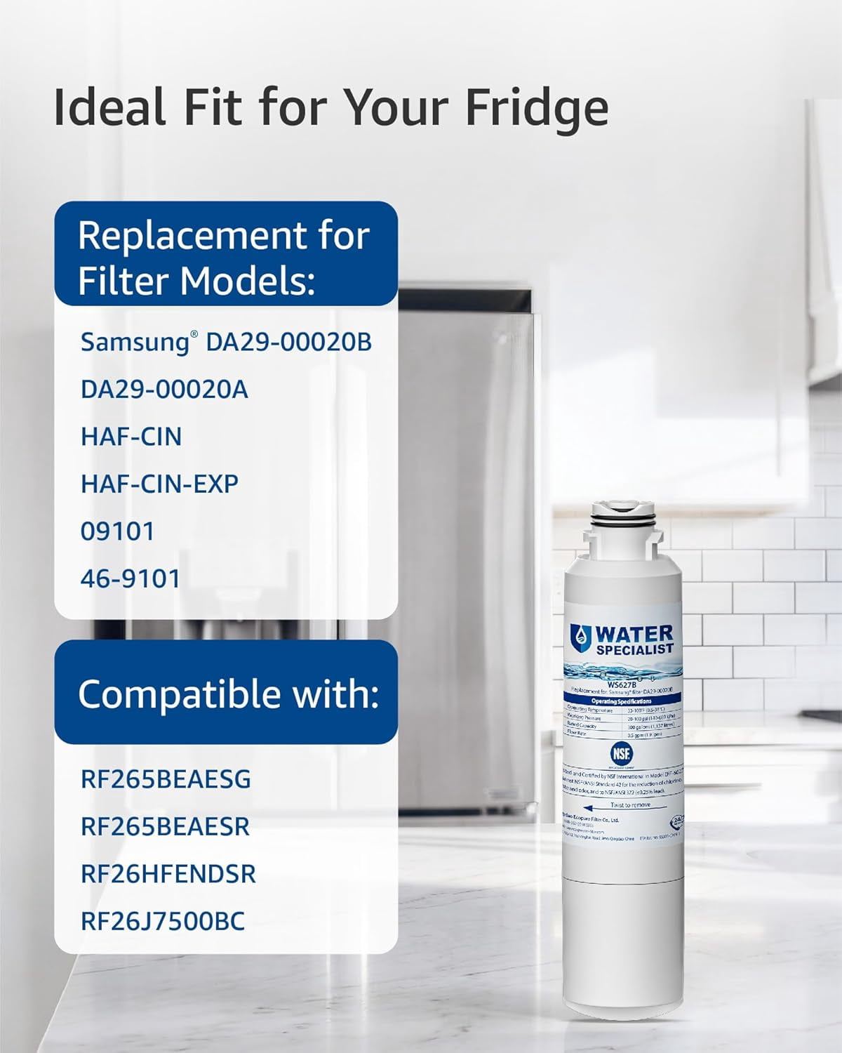Waterspecialist F27 Refrigerator Water Filter Replacement for Samsung® DA29-00020B, HAF-CIN, RS25J500DSR, RF28HMEDBSR, HAF-CIN/EXP, RF4287HARS, RF28HFEDBSR, 8 Pack
