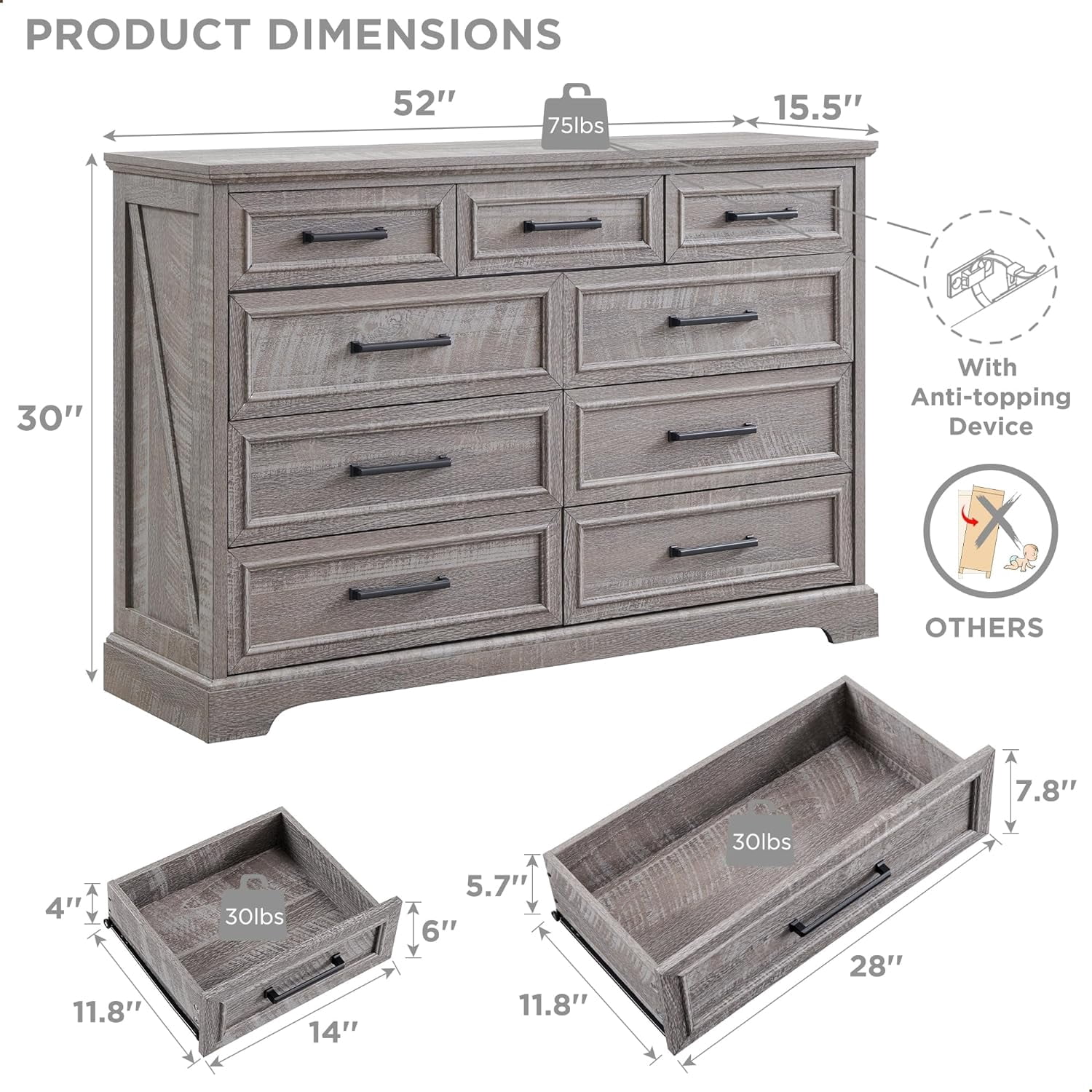 ACCOHOHO Farmhouse 9 Drawers Dresser, Rustic Wood Dresser Chest of Drawers for Bedroom，TV Stand with Large Drawers for Living Room，Grey