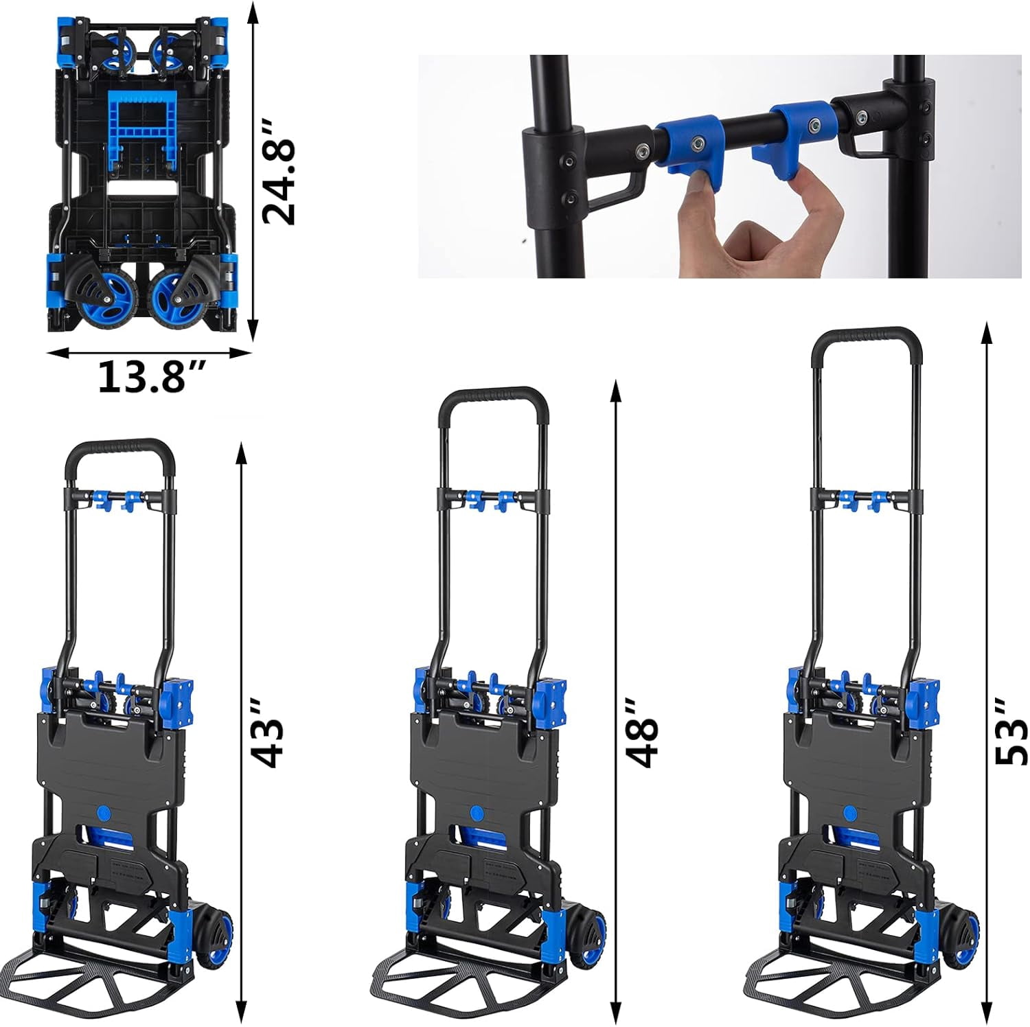 SHZOND 2 in 1 Folding Hand Truck Dolly with Basket, 330LBS Capacity  Hand Truck with 4 Wheels, Retractable Handle Collapsible Cart, Include 2 Bungee Cords, for Moving, Luggage, Office