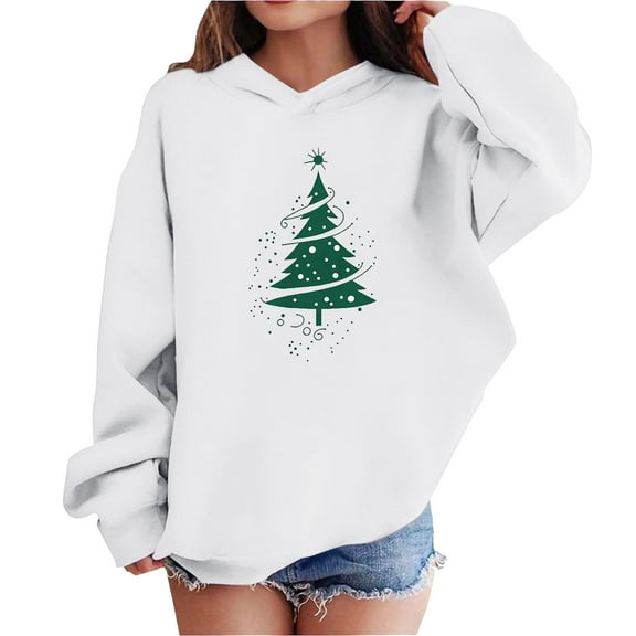 Lorytime Girls Hoodies with Bows Boys Christmas Tree Sweatshirt Long Sleeve Pullover Drop Shoulder Soft Tops White