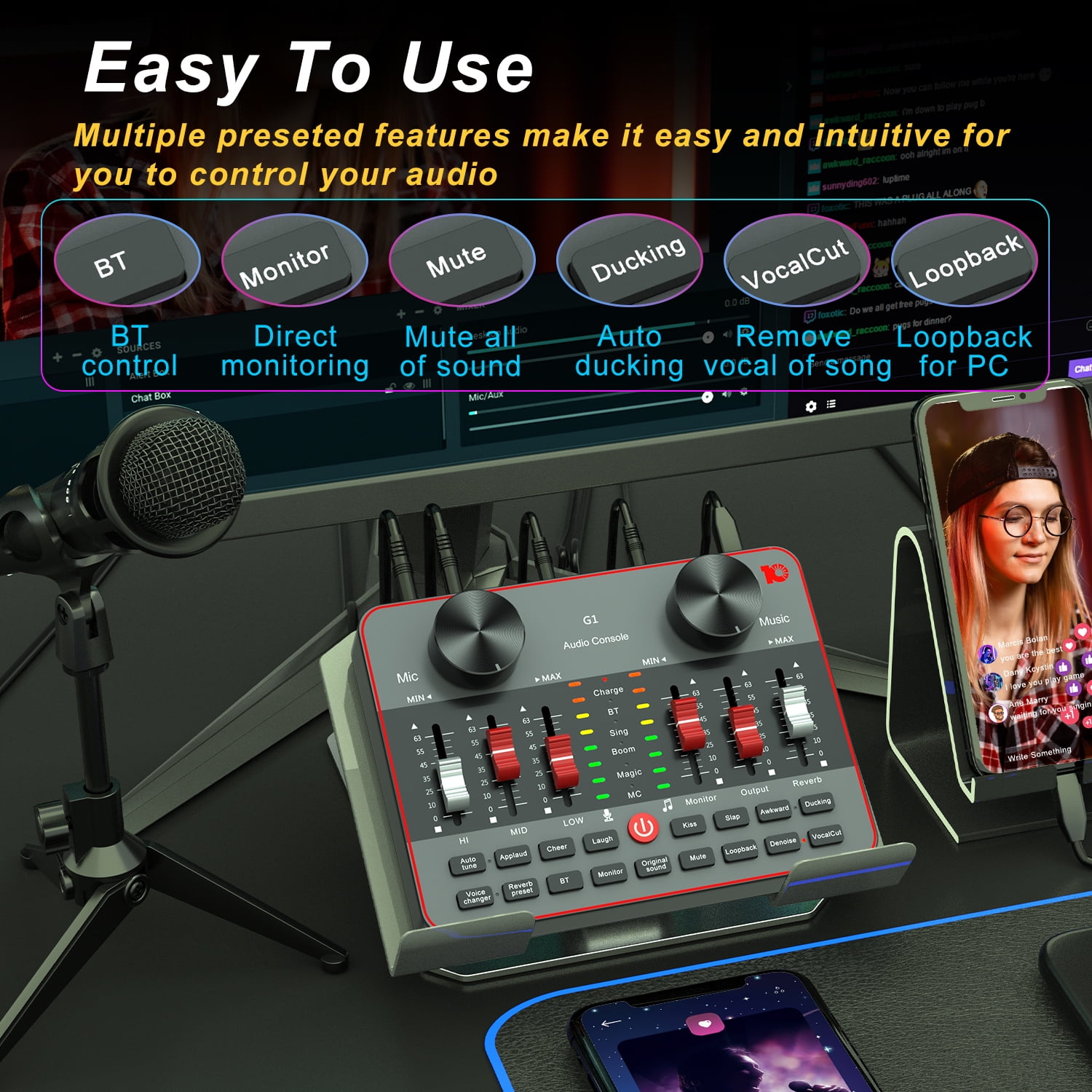 Tenlamp E300 Dual Microphone Audio Mixer Bundle, 2 Condenser Mics, G1 Interface, Black