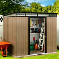 Lofka 8x6 FT Outdoor Storage Shed with Lockable Sliding Doors & Sloping Roof Metal Garden Tool Shed for Backyard, Light Brown