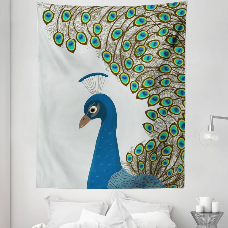 Peacock Tapestry Illustration of Peacock Bird Forming a Frame with Its Feathers Eastern Exotic Fauna Fabric Wall Hanging Decor for Bedroom Living