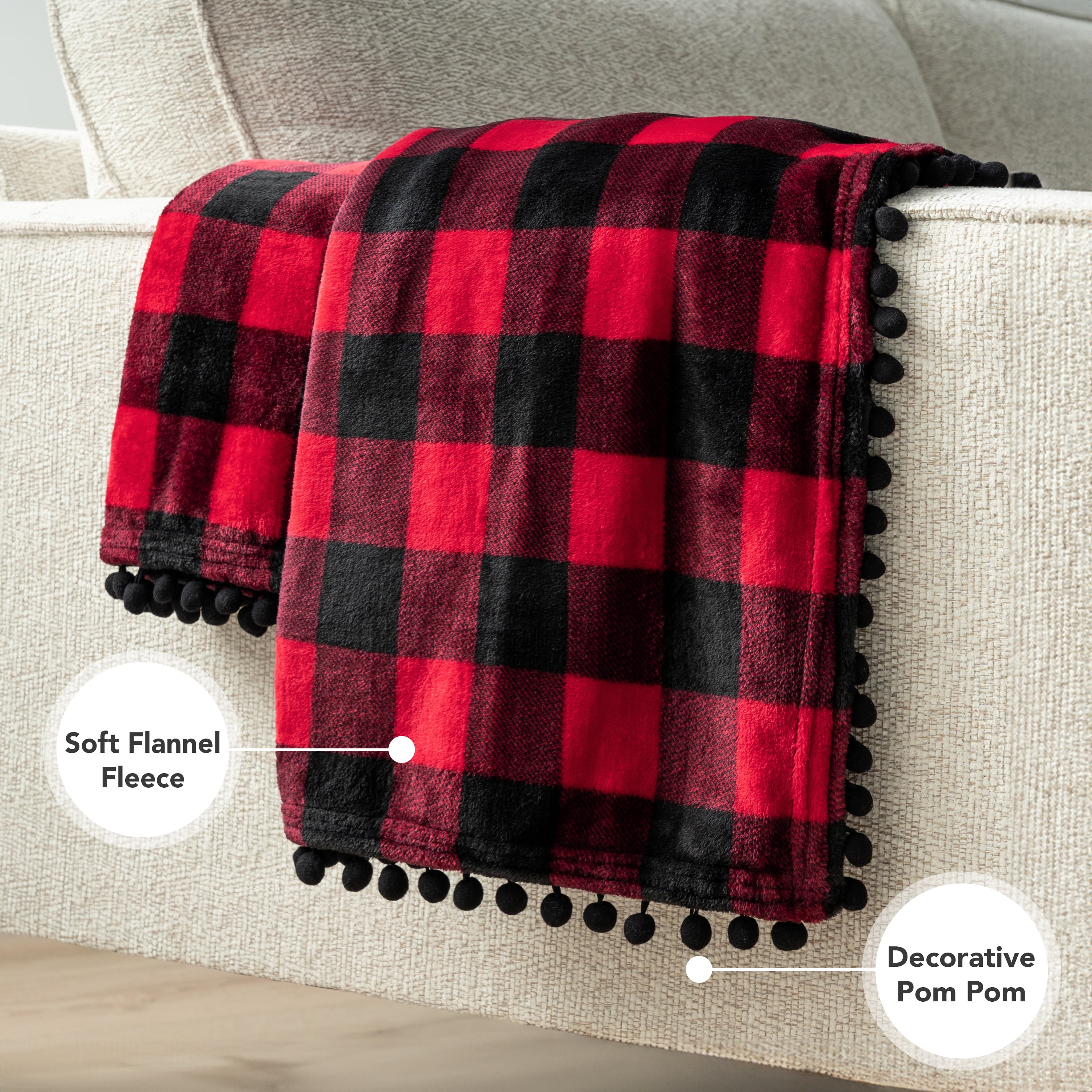 PAVILIA Black Red Fleece Throw Blanket for Couch with Pom Pom Fringe, Buffalo Checkered Plaid, Soft Cozy Fuzzy Flannel Blanket for Sofa Bed, Large Lightweight Plush All Season Throw, 60x80 Inches