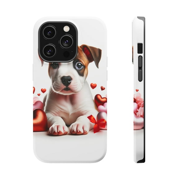 DistinctInk Tough Case for Apple iPhone 14 Pro MAX (6.7" Screen), Compatible with MagSafe Charging - Valentine's Day American Staffordshire Terrier Puppy