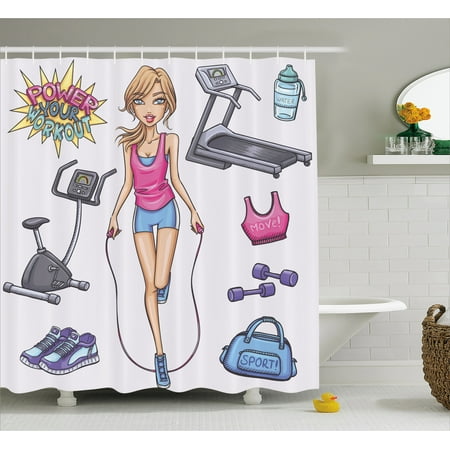Fitness Shower Curtain, Beautiful Young Cartoon Girl Working Out at Gym Bike Treadmill Outfits and Quote, Fabric Bathroom Set with Hooks, 69W X 70L Inches, Multicolor, by