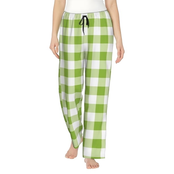 Balery White Green Plaid Pantalones de pijama para mujer, pijamas ultraligeros, pantalones de estar por casa-Small