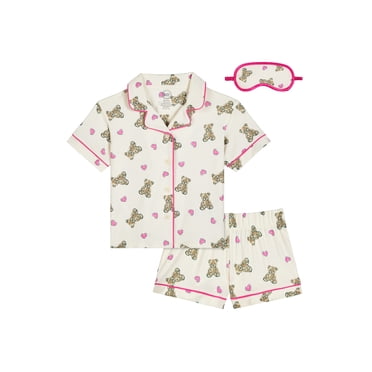 Wonder Nation Girls Short Sleeve Button Front Pajama Top and Shorts Set with Eyemask, 3-Piece, Sizes Sizes 4-18