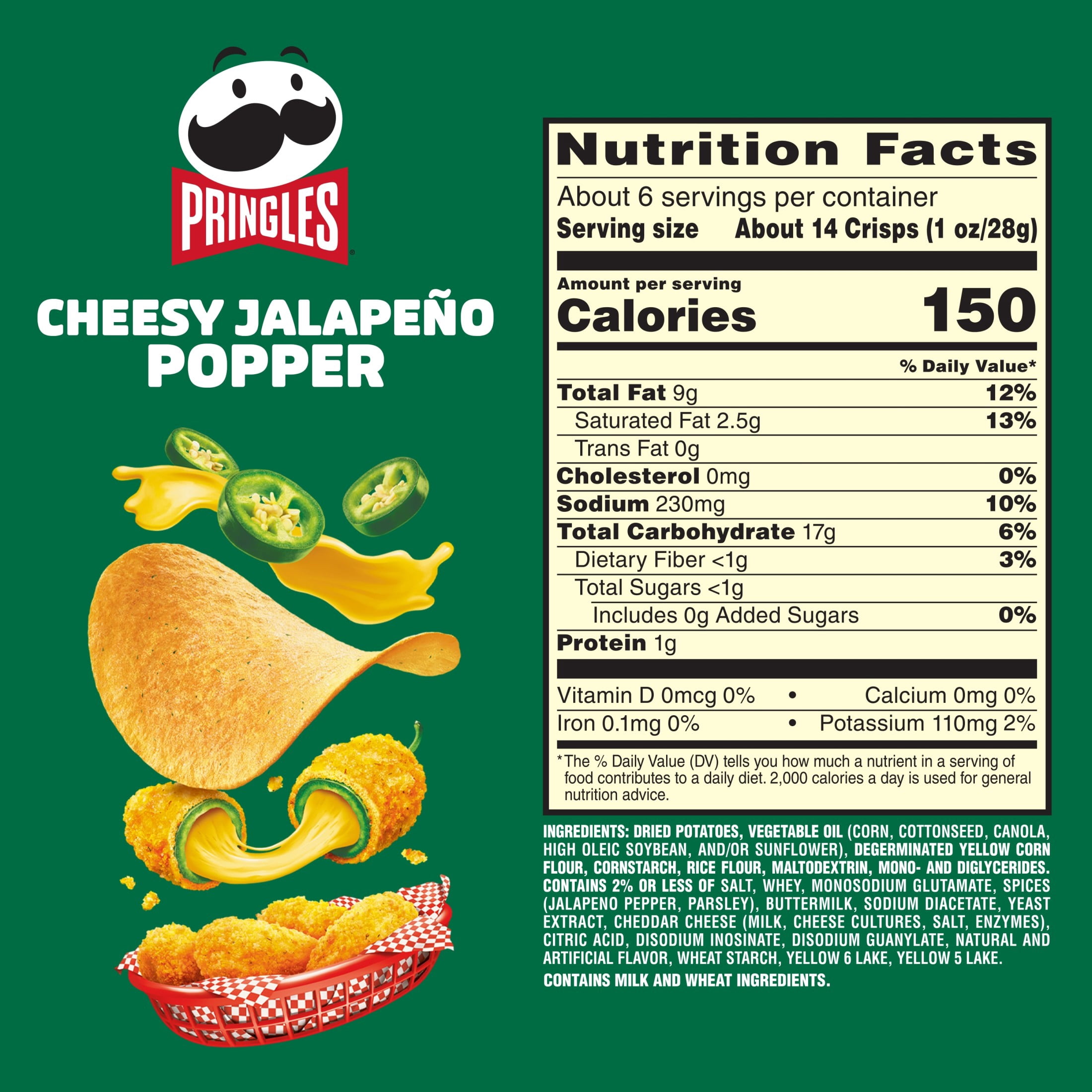 Pringles Cheesy Jalapeno Popper Potato Crisps Chips, Lunch Snacks, 5.5 oz Canister