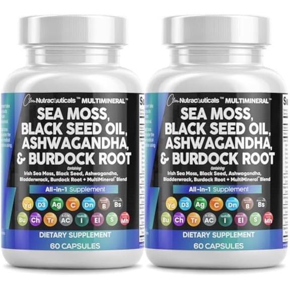 Clean Nutra MultiMineral Sea Moss Capsules 2 Pack - Black Seed Oil Ashwagandha Turmeric Bladderwrack Burdock Root Vitamin C D3 Elderberry Iodine Chlorophyll