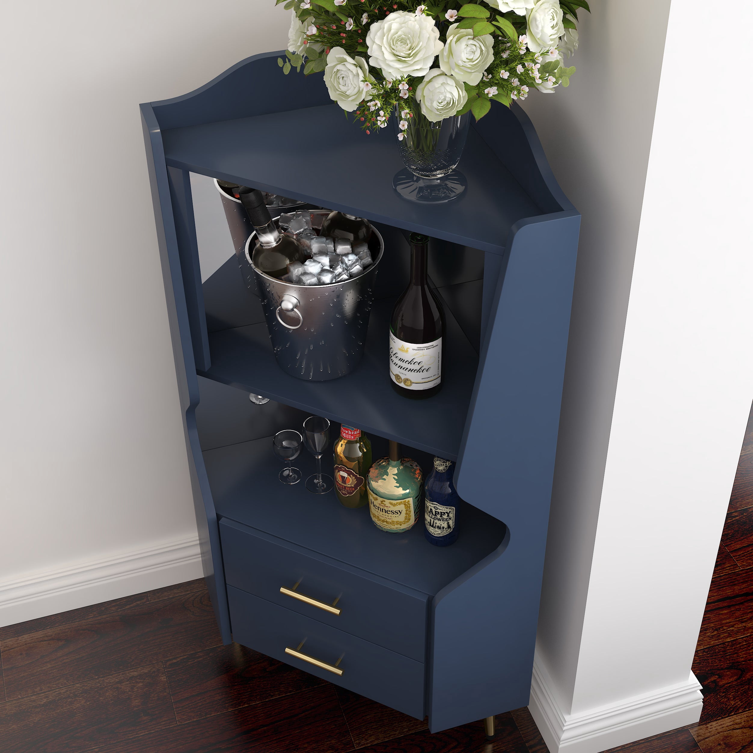 Sailvan Wooden Corner Bar Cabinet with 2 Open Shelves, 2 Drawers & Mirrored