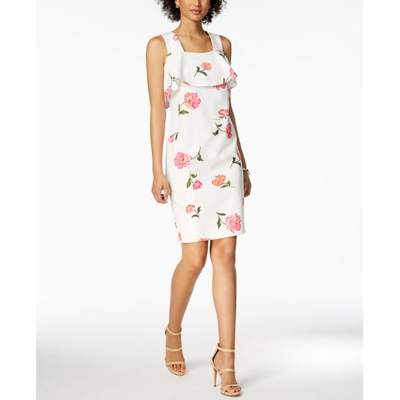 Nine West Floral Print Ruffle Dress Ivory/Hibiscus Multi 8