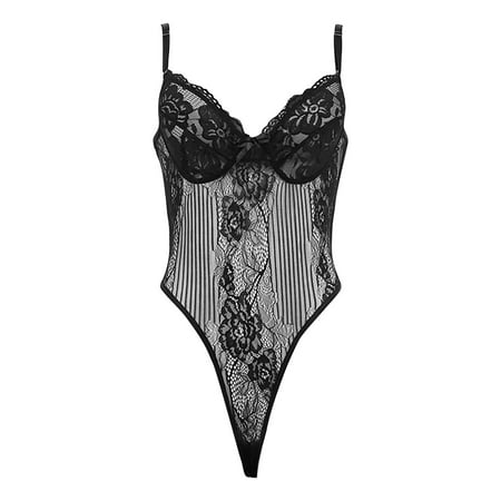 

BIZIZA Women Teddy Plus Size Babydoll One Piece Lace Bodysuit Snap Crotch Lingerie Sexy Lingerie Black S
