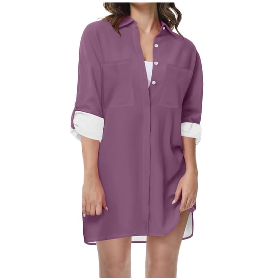 JIUKE Womens V Neck Collared Button down Shirts Long Sleeve Tunic Tops Casual Summer Cover Ups Size XL