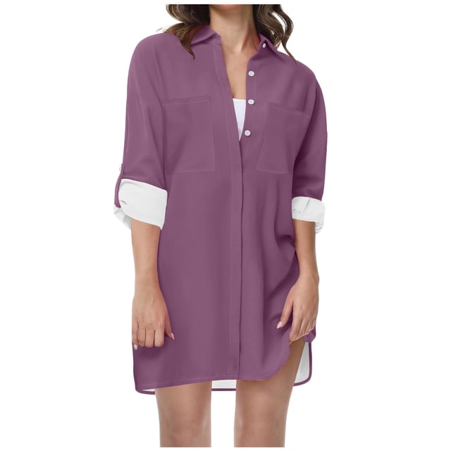 FAIWAD Robe Chemise à Boutons pour Femme, Manches Longues Roulées, Robe Ample, Couleur Unie, Col à Revers, Longue Chemise