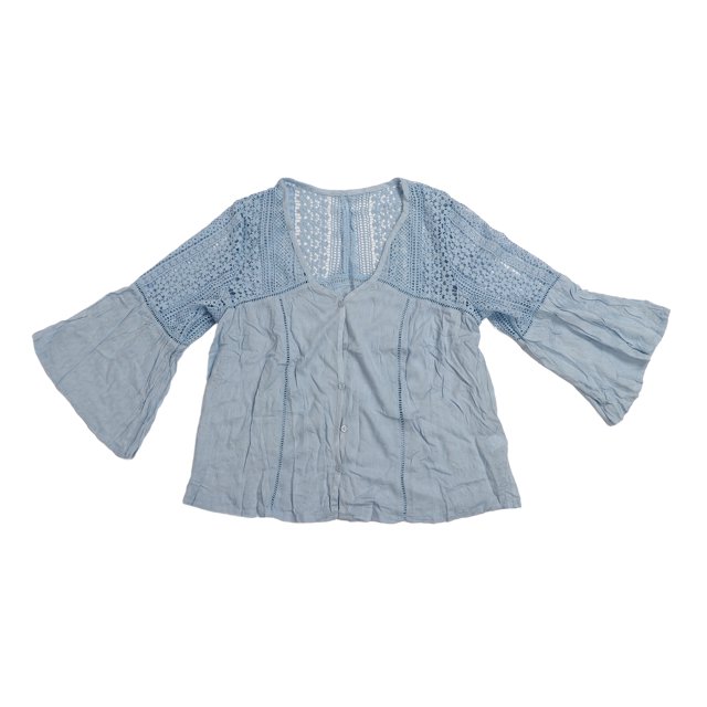 Camisa de ganchillo informal para mujer, cuello en V, mangas largas acampanadas, blusa suelta informal, transpirable y agradable para la piel, para uso diario, azul S
